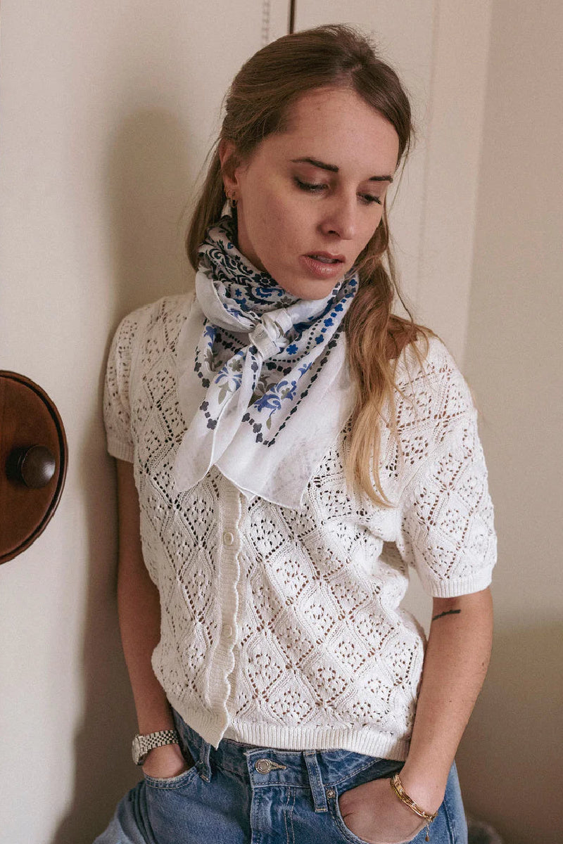 Maison Lecomte Flament - Bandana Lisboa Cotton Voile Scarf - WHITEBLU