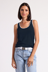 Miinnierose - Supima Cotton Cashmere Scoop Neck Tank With Tipping - NAVYWHTE
