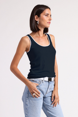 Miinnierose - Supima Cotton Cashmere Scoop Neck Tank With Tipping - NAVYWHTE
