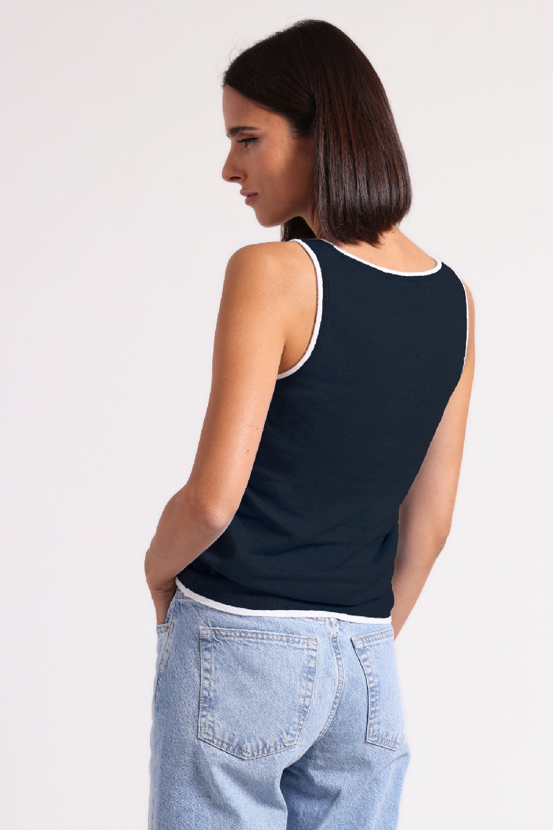 Miinnierose - Supima Cotton Cashmere Scoop Neck Tank With Tipping - NAVYWHTE