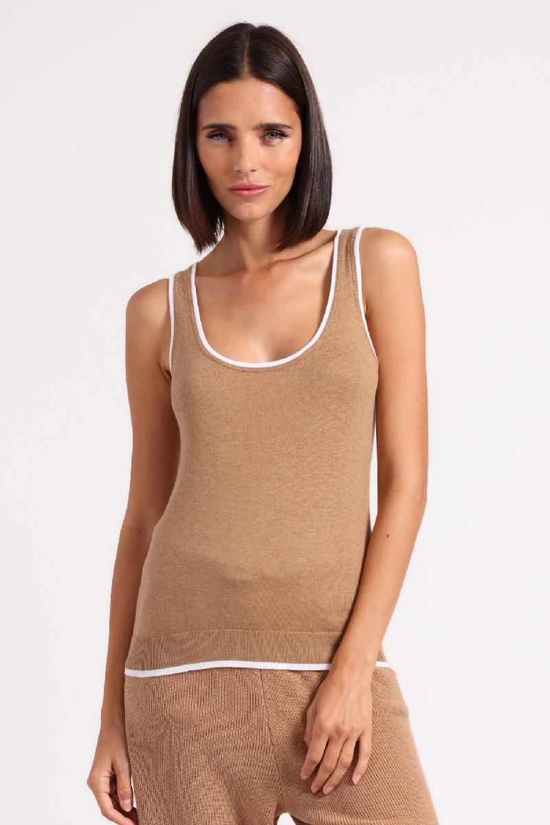Miinnierose - Supima Cotton Cashmere Scoop Neck Tank With Tipping - SANDWHTE