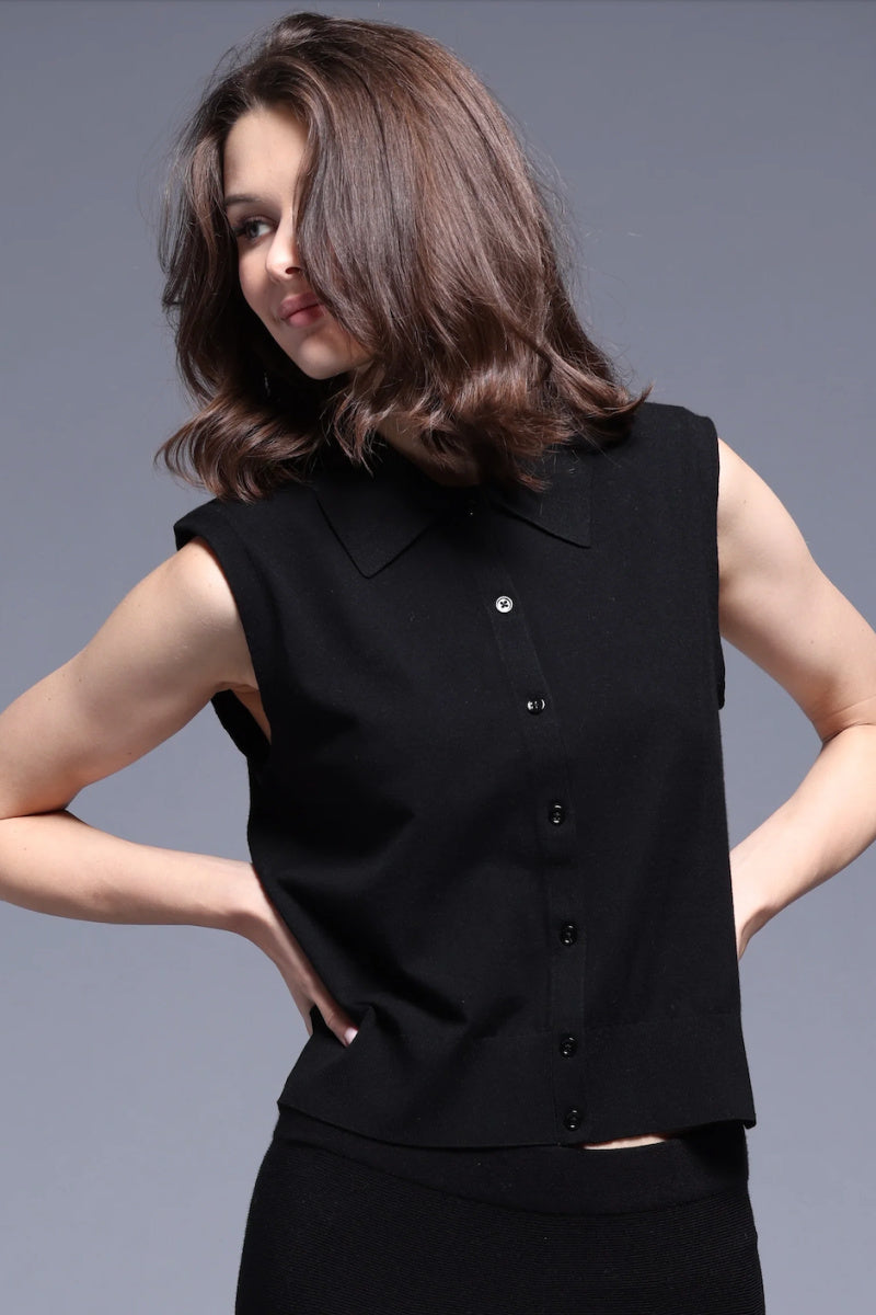 Minnierose - Button Front Sleeveless Polo - BLACK