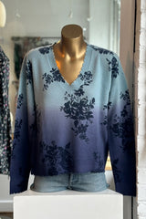 Minnierose - Cashmere V-Neck Floral Dip Dye Frayed Edge Pullover - FRESCOBL