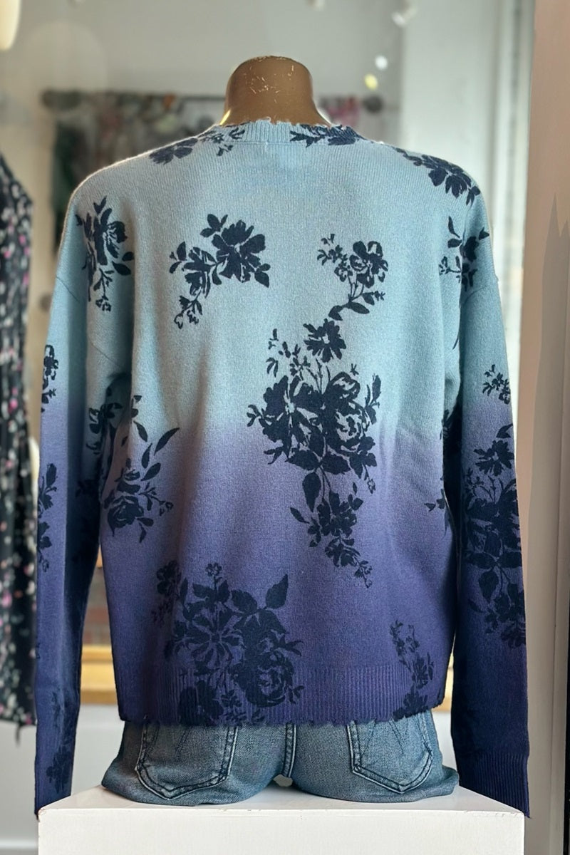 Minnierose - Cashmere V-Neck Floral Dip Dye Frayed Edge Pullover - FRESCOBL