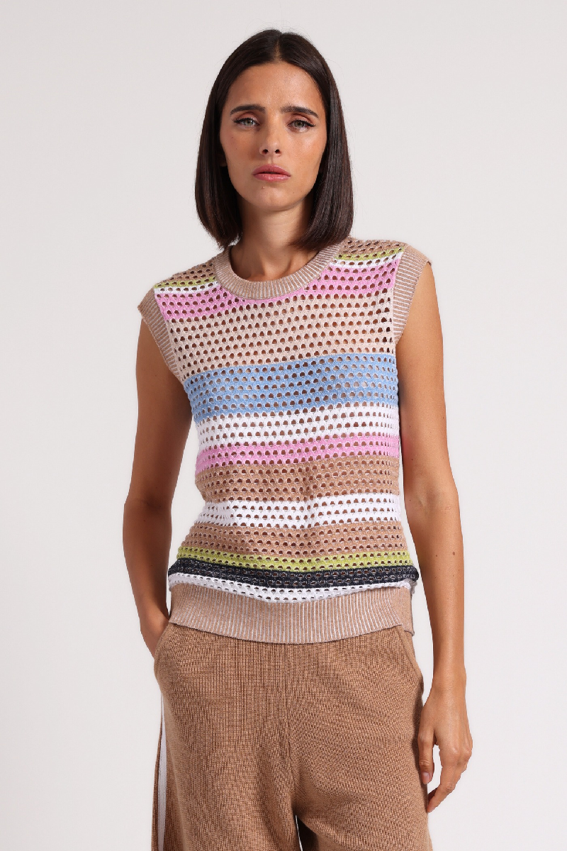 Minnierose - Cotton Cashmere Plaited Mesh Stripe Muscle Tank - CAMELMUL