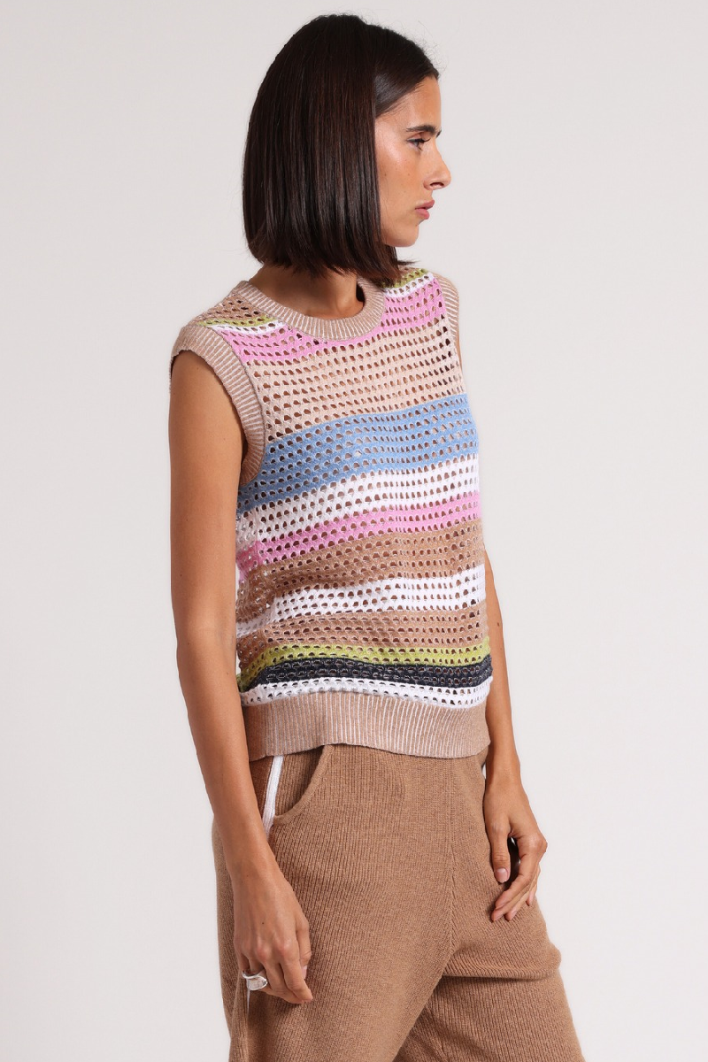 Minnierose - Cotton Cashmere Plaited Mesh Stripe Muscle Tank - CAMELMUL