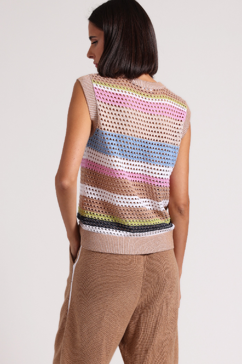 Minnierose - Cotton Cashmere Plaited Mesh Stripe Muscle Tank - CAMELMUL