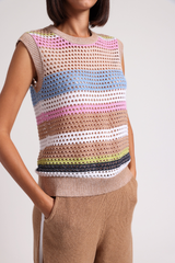 Minnierose - Cotton Cashmere Plaited Mesh Stripe Muscle Tank - CAMELMUL