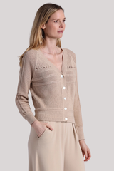 Minnierose - Cotton Cashmere Pointelle Mix V Neck Cardi - BRWSUGAR