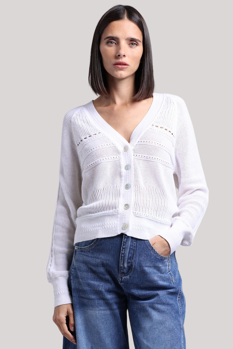 Minnierose - Cotton Cashmere Pointelle Mix V Neck Cardigan - WHITE
