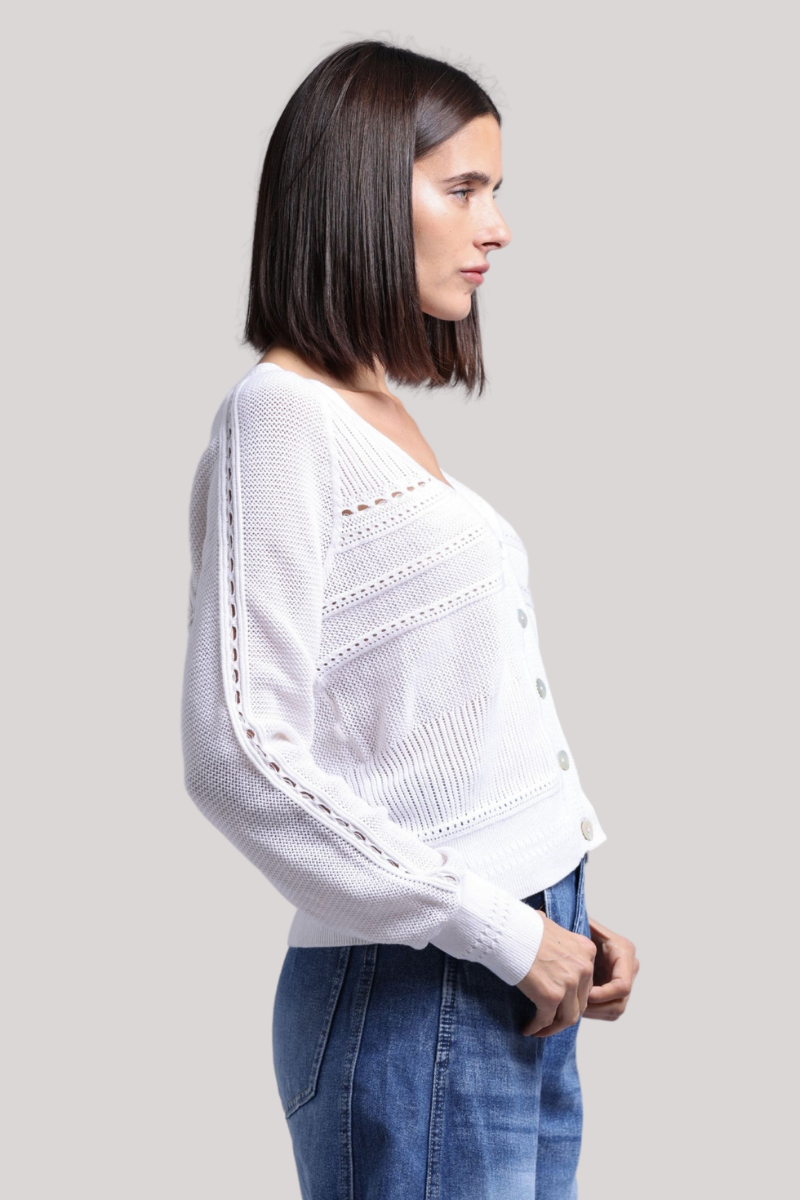 Minnierose - Cotton Cashmere Pointelle Mix V Neck Cardigan - WHITE