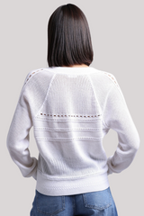 Minnierose - Cotton Cashmere Pointelle Mix V Neck Cardigan - WHITE