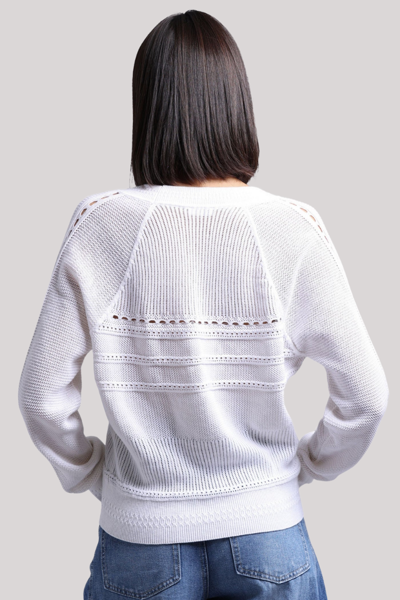 Minnierose - Cotton Cashmere Pointelle Mix V Neck Cardigan - WHITE