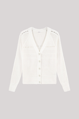 Minnierose - Cotton Cashmere Pointelle Mix V Neck Cardigan - WHITE