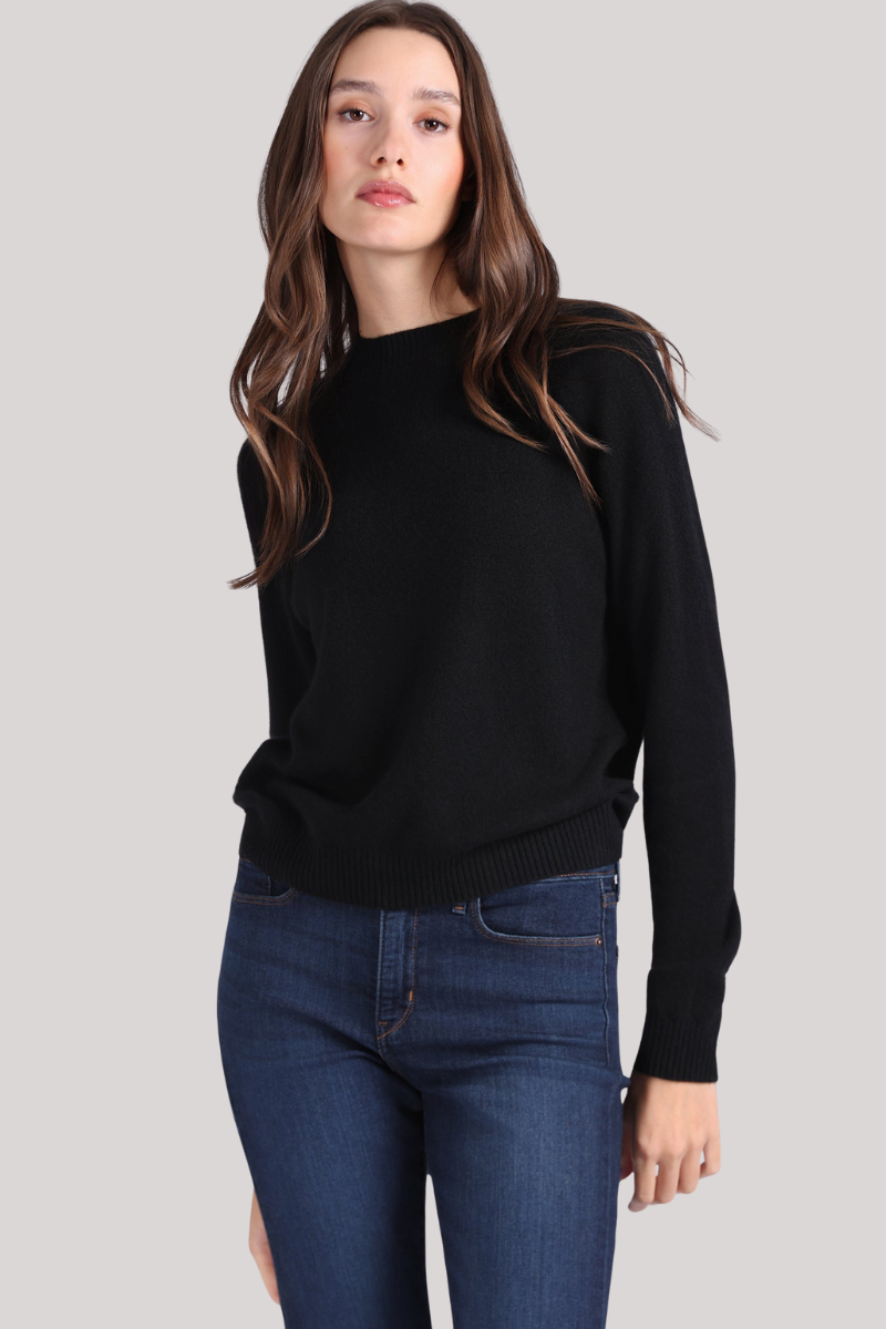 Minnierose - Cotton Cashmere Power Shoulder Long Sleeve Crew - BLACK