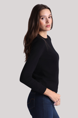 Minnierose - Cotton Cashmere Power Shoulder Long Sleeve Crew - BLACK