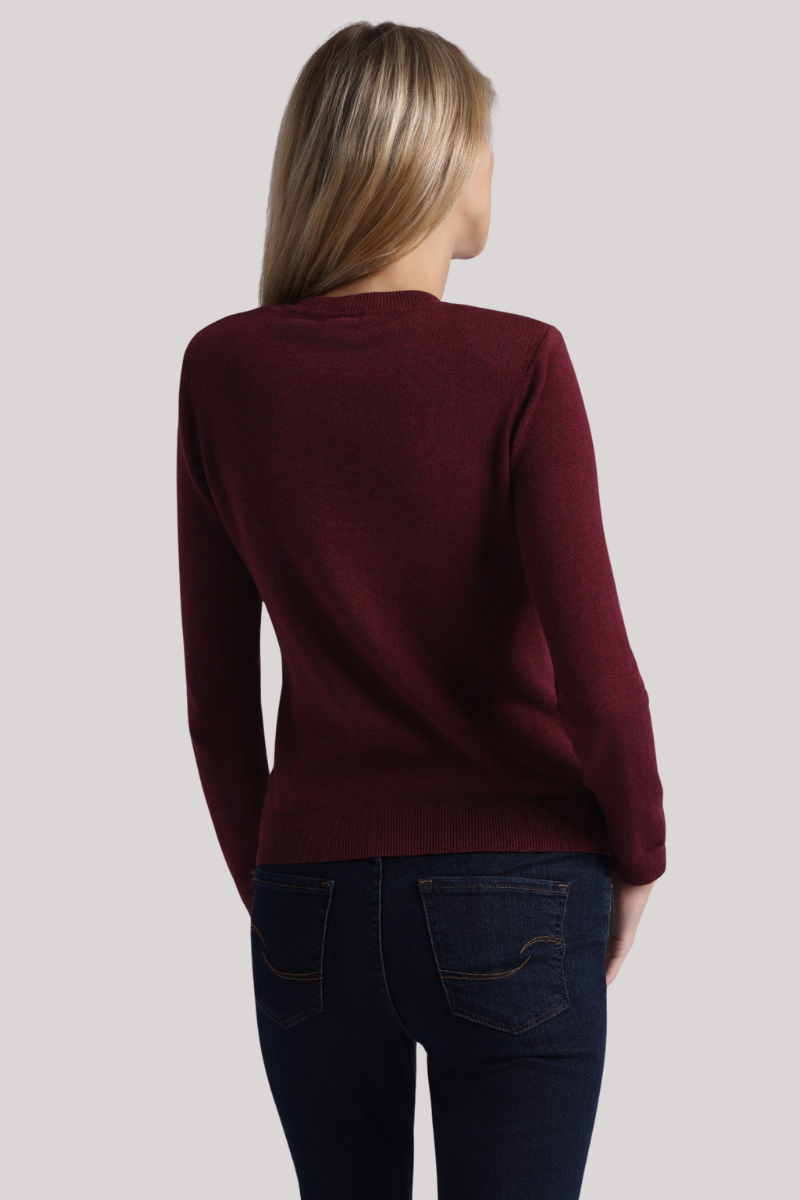 Minnierose - Cotton Cashmere Power Shoulder Long Sleeve Crew - BORDEAUX