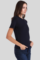 Minnierose - Frayed Crew Neck Tee with Pocket - NAVY
