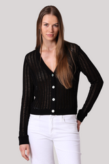 Minnierose - Linen Cotton Blend Pointelle Cardigan - BLACK