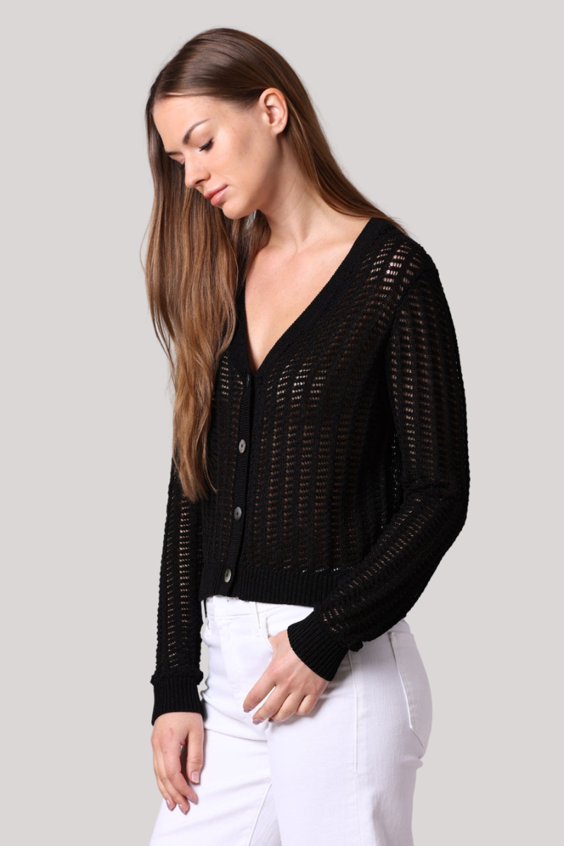 Minnierose - Linen Cotton Blend Pointelle Cardigan - BLACK