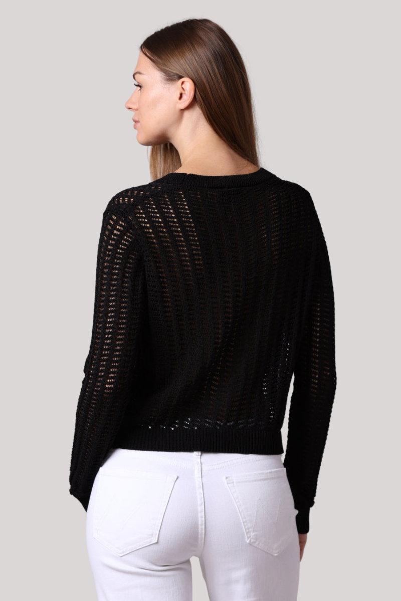 Minnierose - Linen Cotton Blend Pointelle Cardigan - BLACK