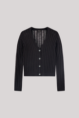 Minnierose - Linen Cotton Blend Pointelle Cardigan - BLACK