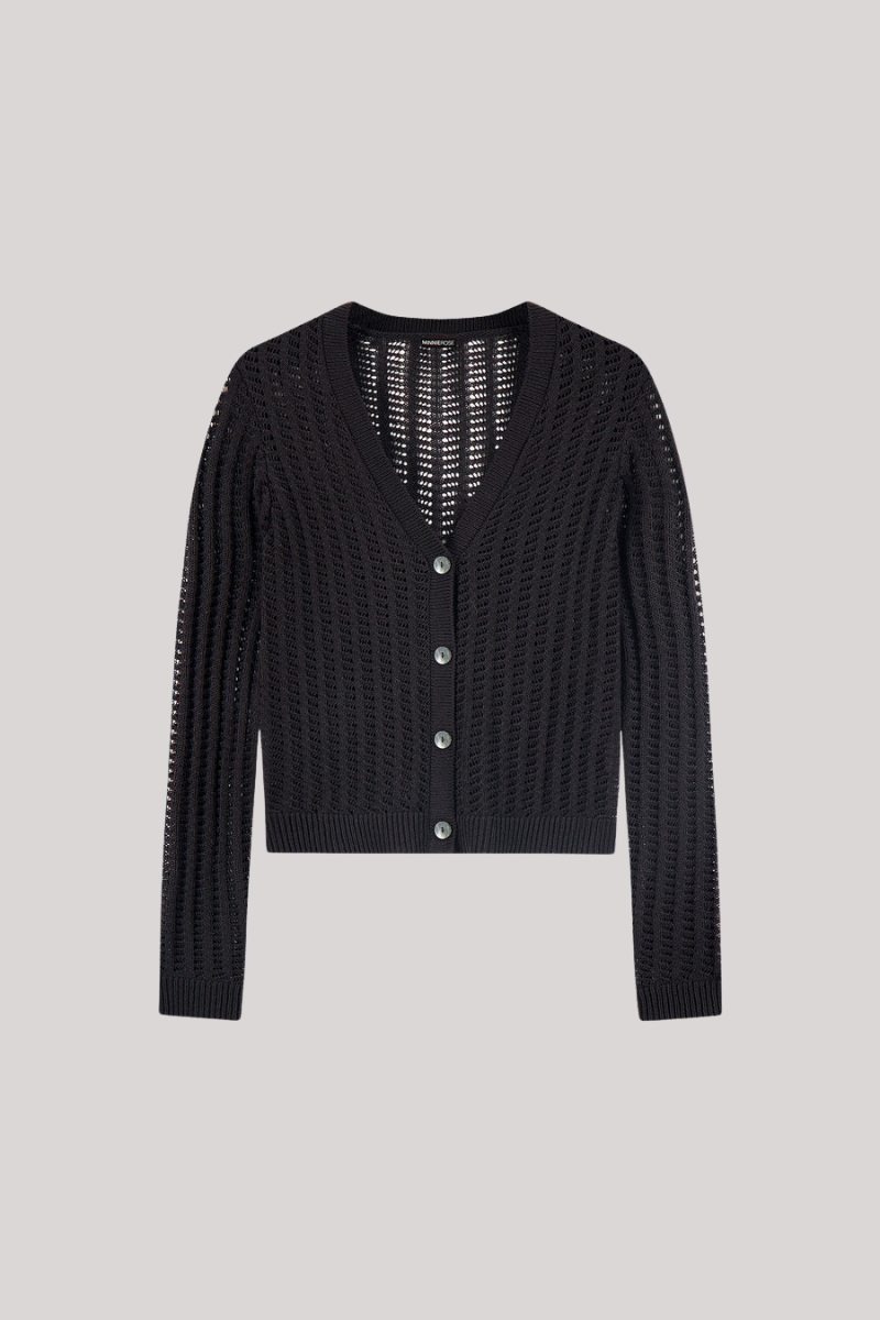 Minnierose - Linen Cotton Blend Pointelle Cardigan - BLACK