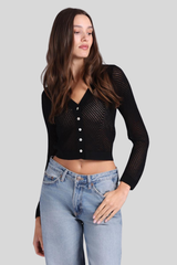 Minnierose - Open Pointelle Cardigan - BLACK