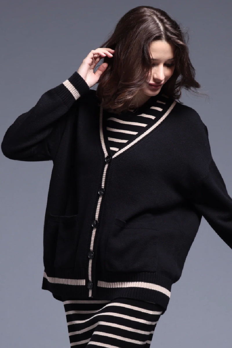 Minnierose - Oversized Cardigan with Tipping - BLKBRWSU