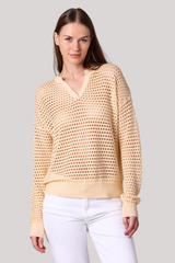 Minnierose - Plaited Mesh Split Neck Long Sleeve Top - HONBISWH