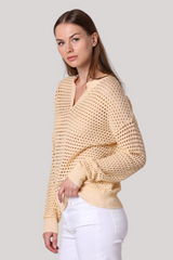 Minnierose - Plaited Mesh Split Neck Long Sleeve Top - HONBISWH
