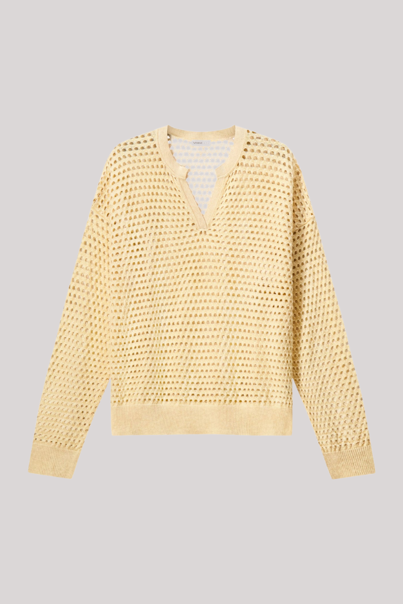 Minnierose - Plaited Mesh Split Neck Long Sleeve Top - HONBISWH