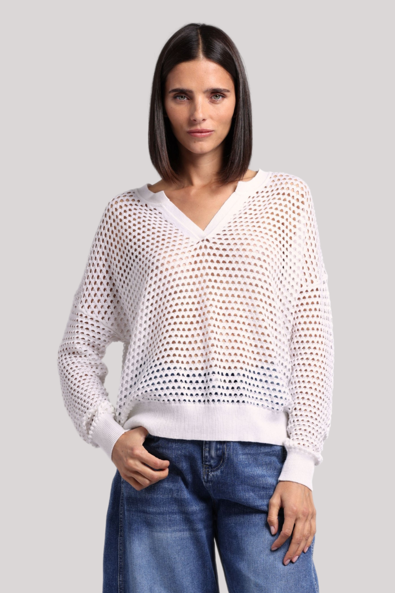 Minnierose - Plaited Mesh Split Neck Long Sleeve Top - WHITE
