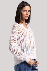 Minnierose - Plaited Mesh Split Neck Long Sleeve Top - WHITE
