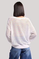 Minnierose - Plaited Mesh Split Neck Long Sleeve Top - WHITE