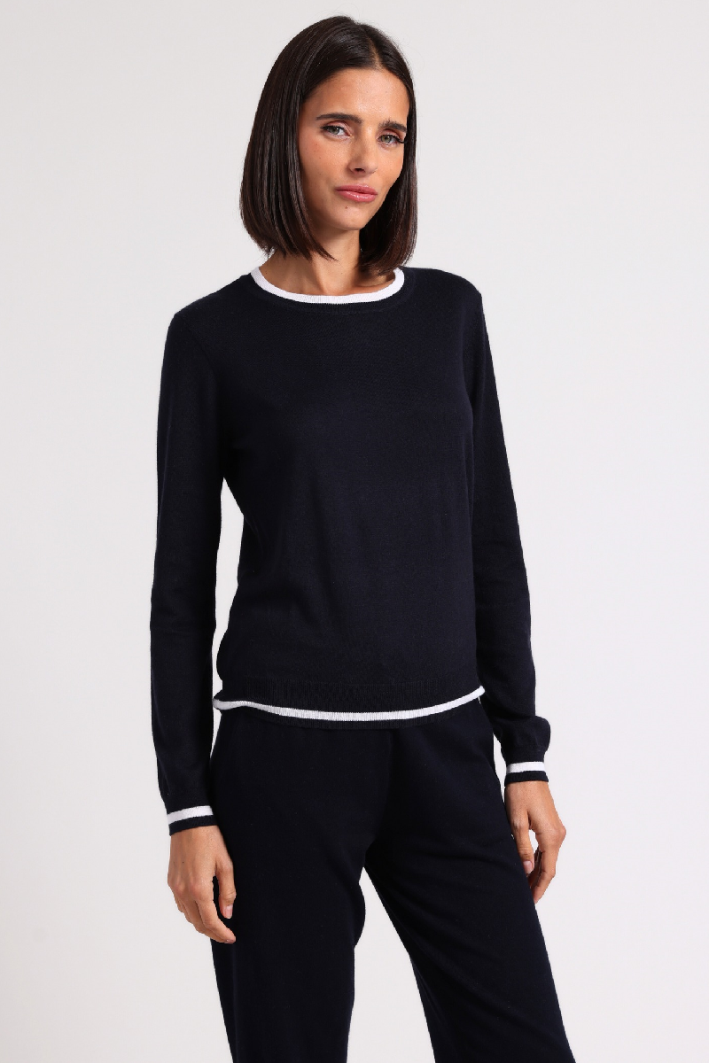 Minnierose - Cotton Blend Crew With Tipping - NAVYWHTE