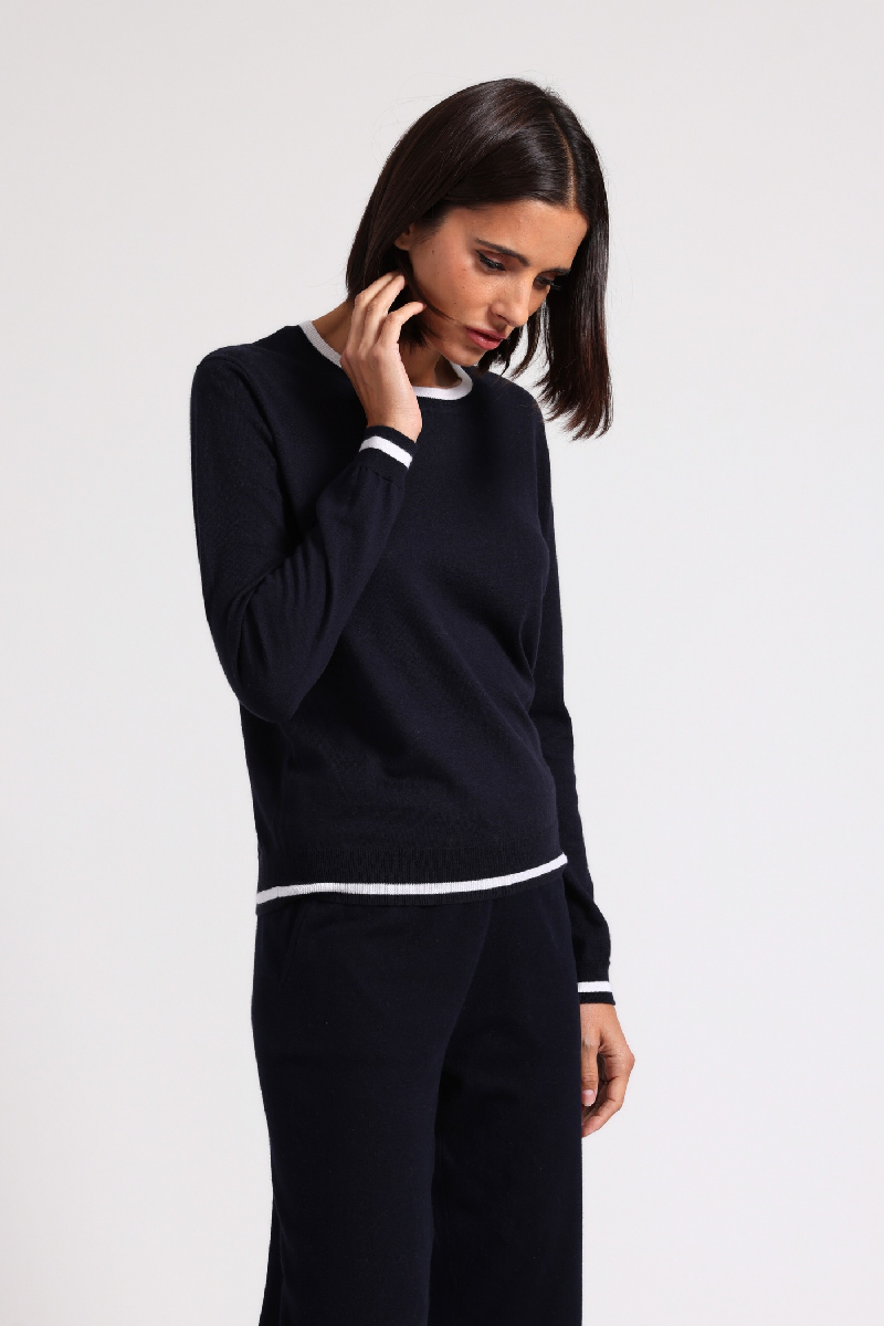 Minnierose - Cotton Blend Crew With Tipping - NAVYWHTE
