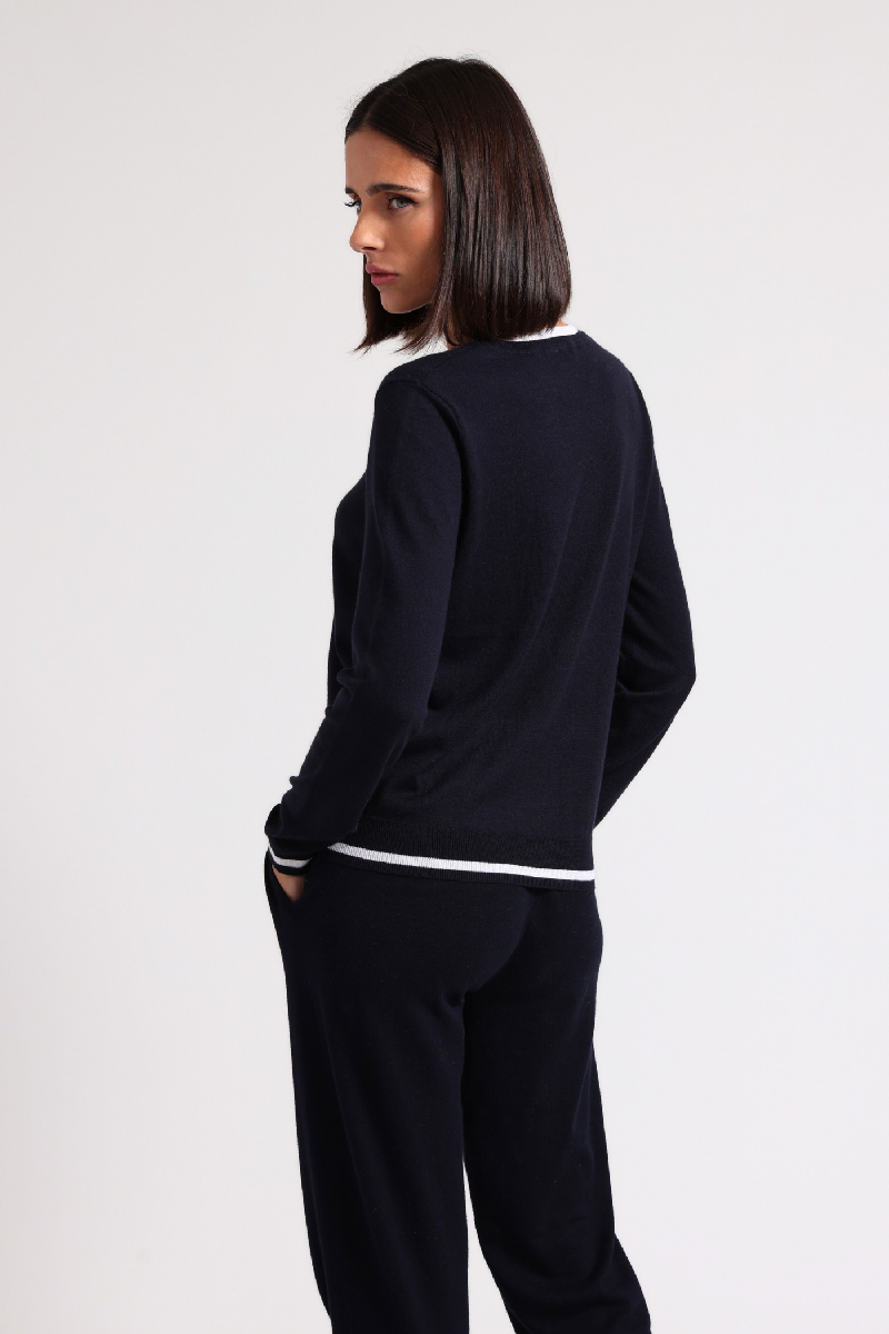 Minnierose - Cotton Blend Crew With Tipping - NAVYWHTE