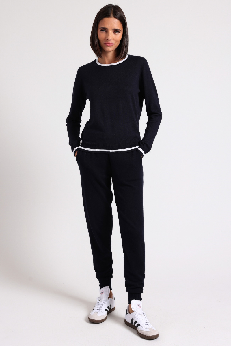 Minnierose - Cotton Blend Crew With Tipping - NAVYWHTE