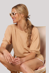 Minnierose - Supima Cotton Cashmere Puff Raglan Sleeve Crew - BRWSUGAR