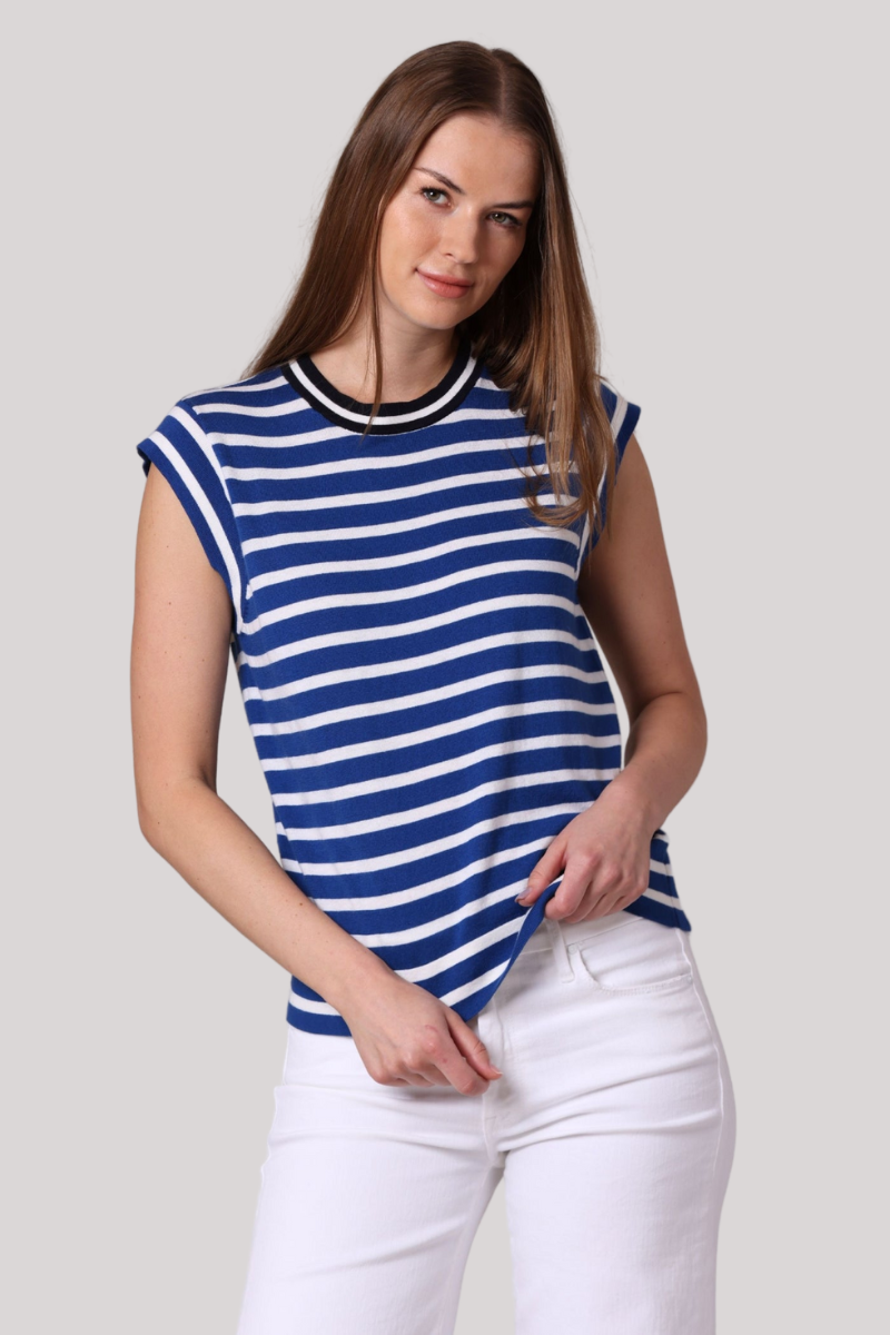 Minnierose - Supima Cotton Cashmere Striped Cap Sleeve Crew - PARWHITE