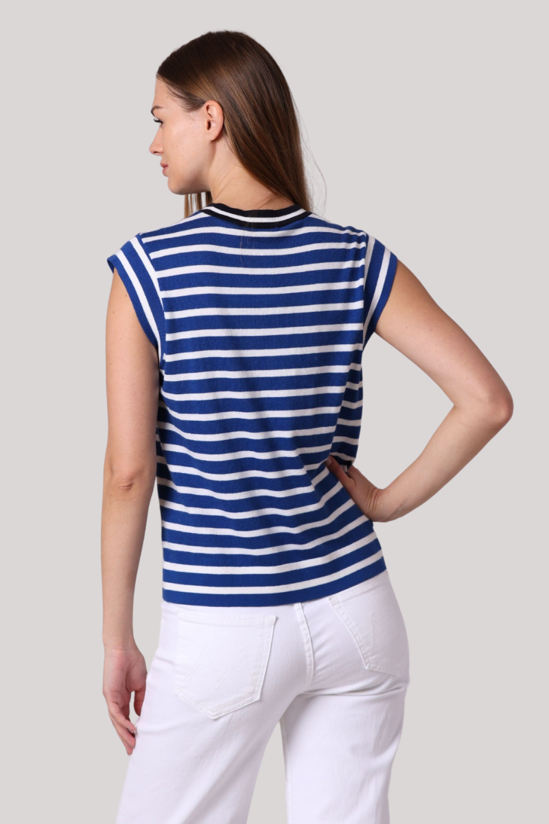 Minnierose - Supima Cotton Cashmere Striped Cap Sleeve Crew - PARWHITE