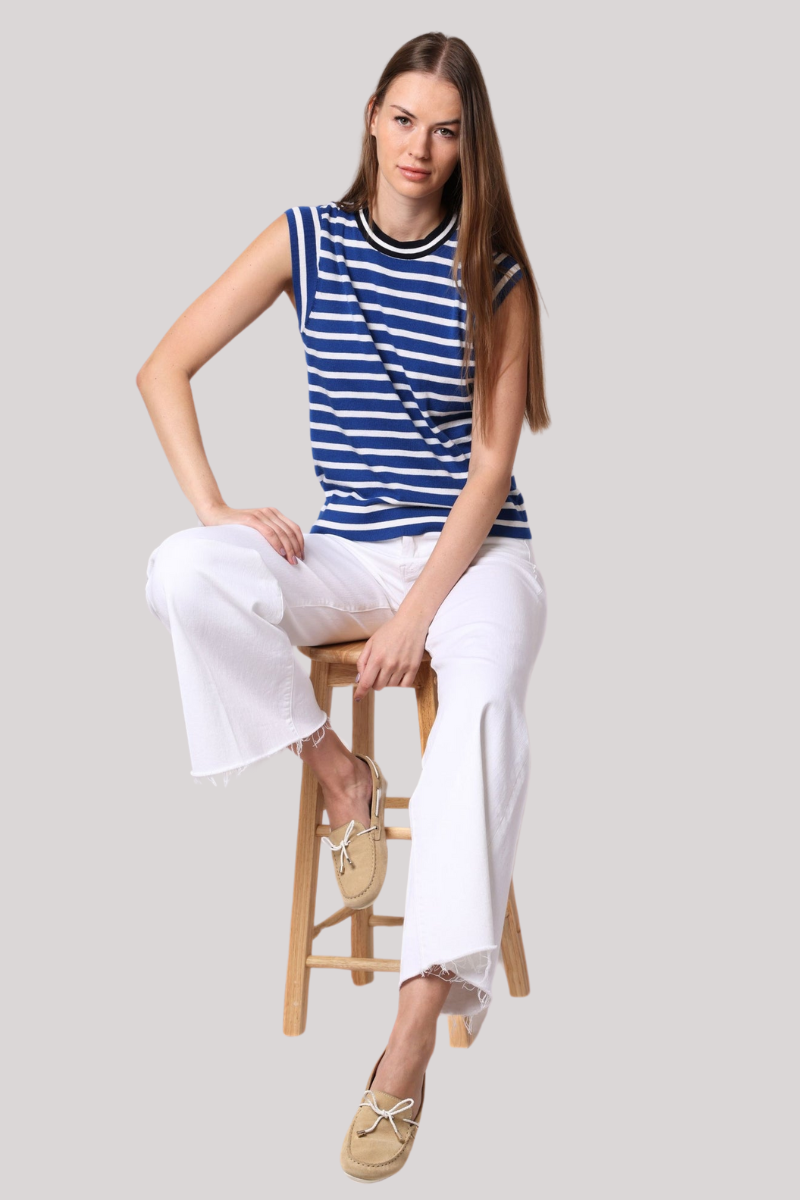 Minnierose - Supima Cotton Cashmere Striped Cap Sleeve Crew - PARWHITE
