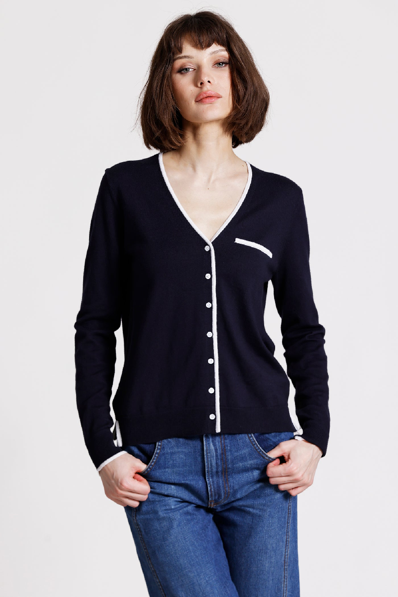 Minnierose - Supima Cotton V Neck Long Sleeve Cardigan With Tipping - NAVYWHTE