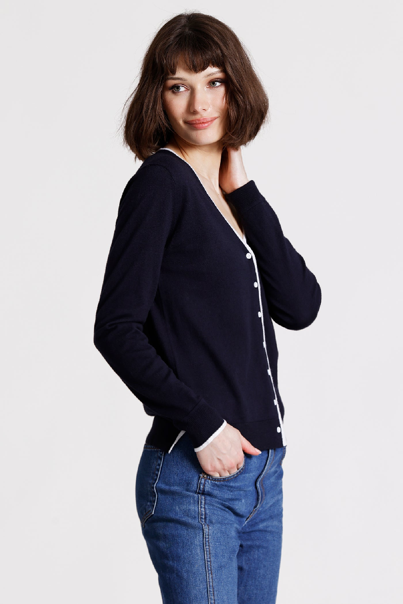 Minnierose - Supima Cotton V Neck Long Sleeve Cardigan With Tipping - NAVYWHTE