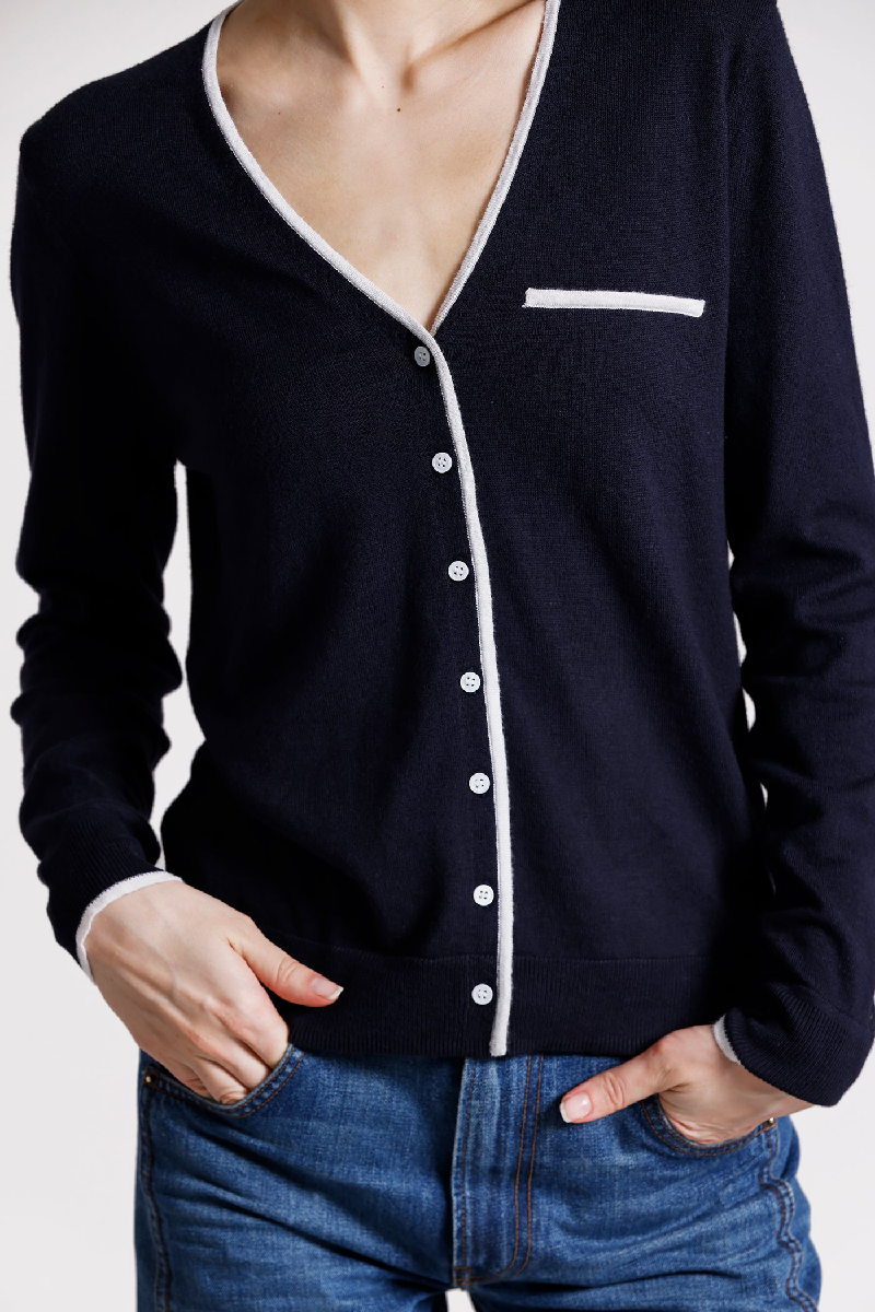 Minnierose - Supima Cotton V Neck Long Sleeve Cardigan With Tipping - NAVYWHTE