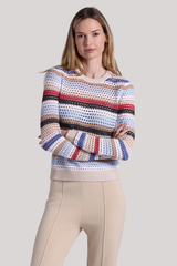 Minnierrose - Cotton Cashmere Plaited Mesh Stripe Long Sleeve Crew - MULSTRIP