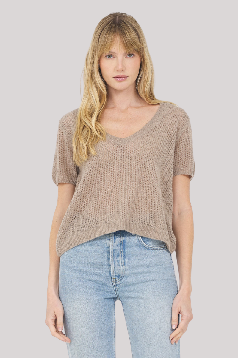 One Grey Day - Camille Cashmere V - Neck Tee - STONE