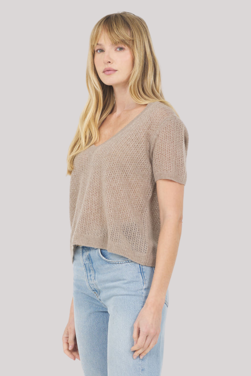 One Grey Day - Camille Cashmere V - Neck Tee - STONE