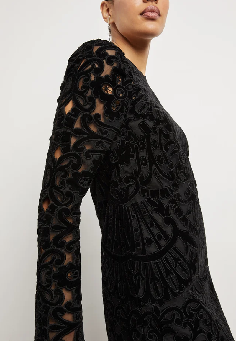 Sea Ny - Dana Embroidery Velvet Dress - BLACK